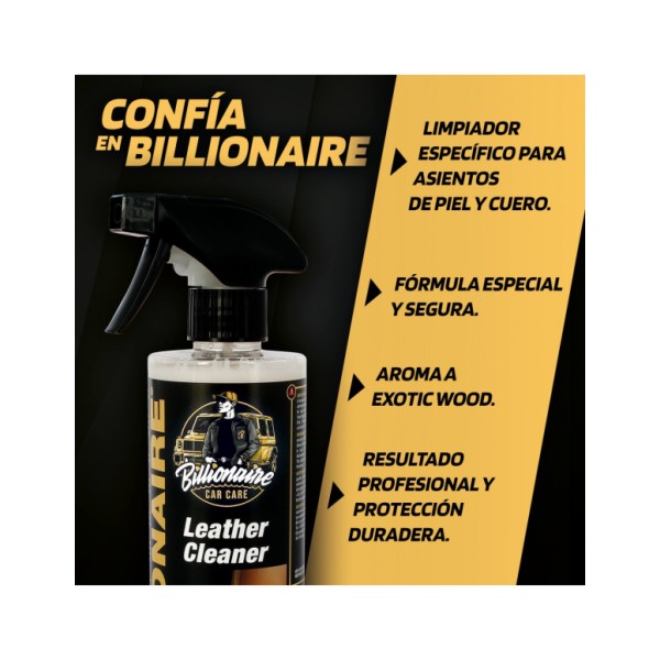 Billionaire Leather Cleaner Limpiador de Asientos de Cuero y Piel Mantiene el Brillo Natural Aroma a Coche Nuevo 500ml